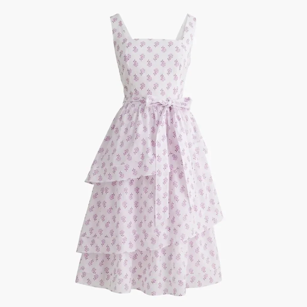 J. Crew White Violet Storm Sleeveless Belted Tiered Dress Size 4 23385